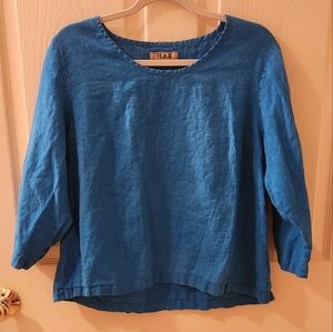 FLAX 100% Linen Vibrant Blue Boxy Lagenlook 3/4 Length Sleeve Blouse Medium